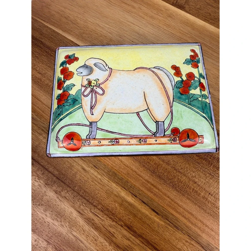 Vintage Sheep Pull Toy Folk Art Trinket Box -Whimsical Enamelware Jewelry Box